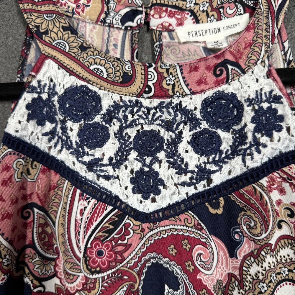 Perception Concept Womens Paisley Halter Dress Navy Pink Handkerchief Hem Medium - Picture 7 of 9